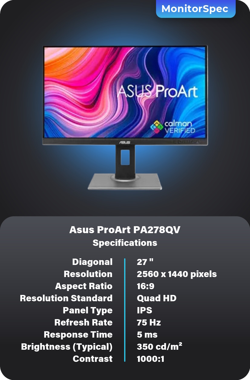 Asus ProArt PA278QV Monitor Specifications